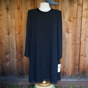 Vintage Jones NY Black Beaded Long Sleeve Chiffon Evening Midi Dress Woman's L